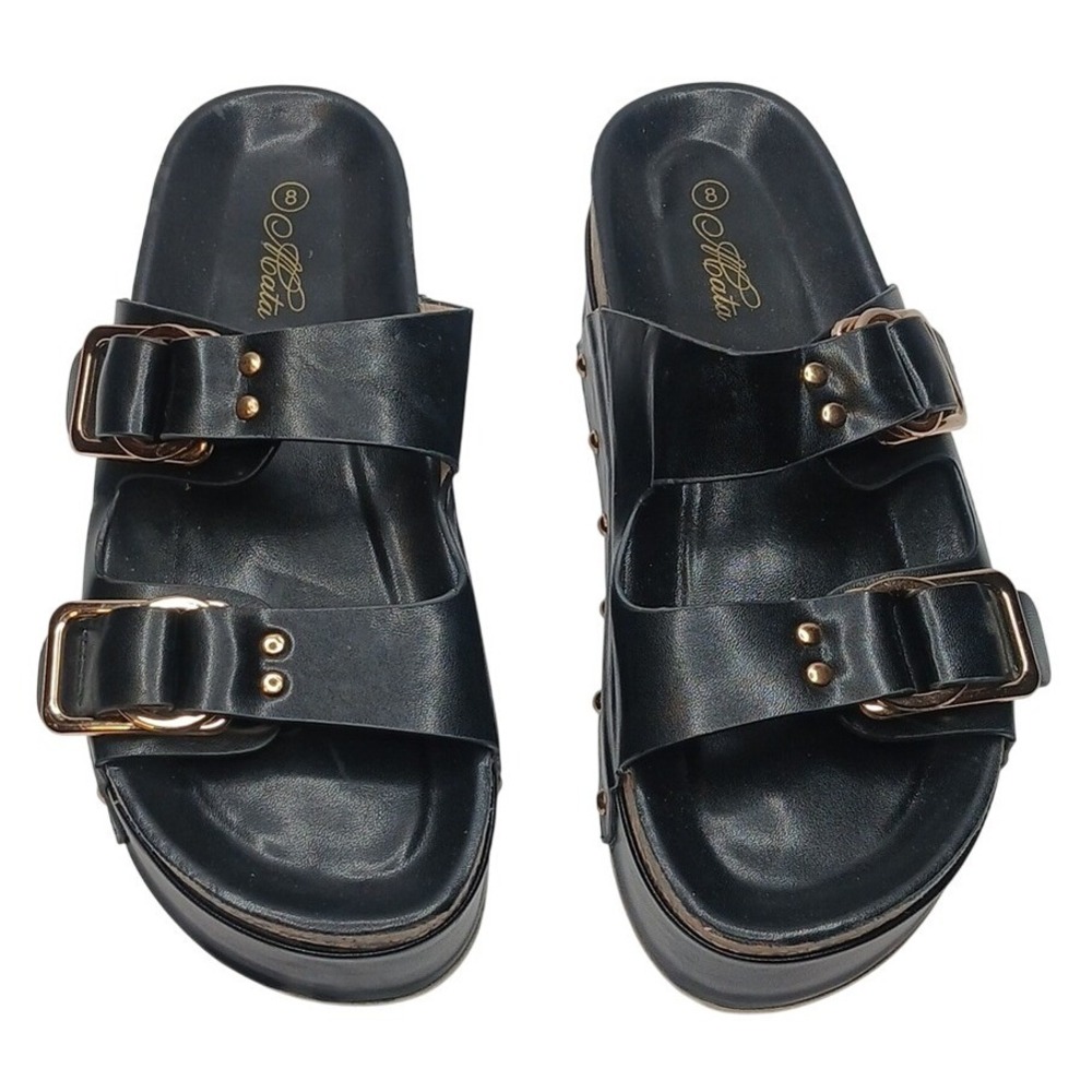 Abata Platform Slide Sandals Womens 8 Black Studded Double Buckle Chunky Sole‎